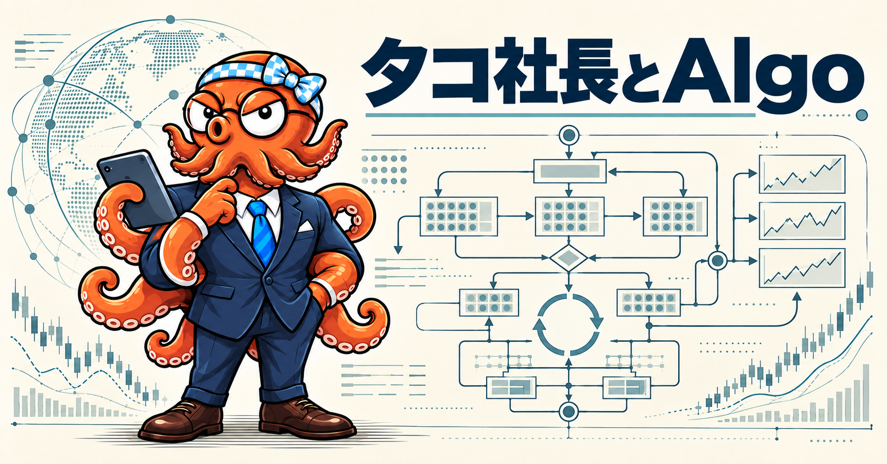 タコ社長とAlgoのAIアルゴリズムとMT5自動売買システムを表現したOGP画像